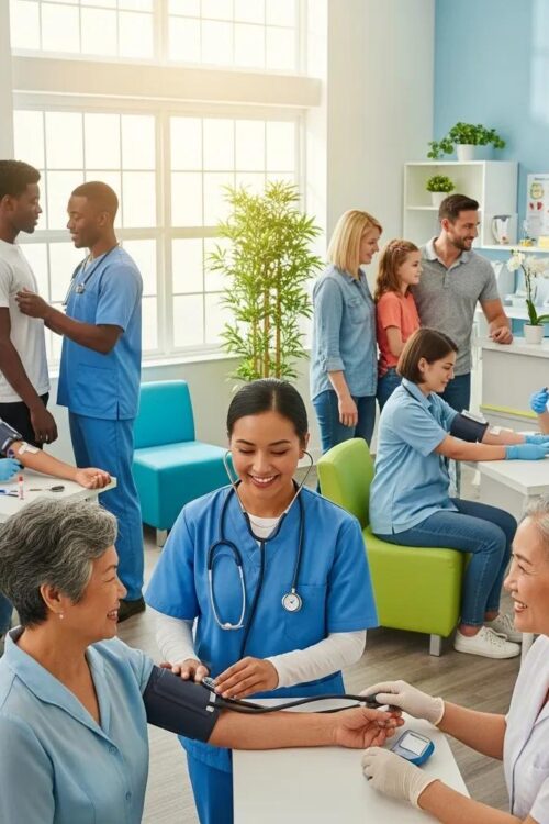 Diverse group of people in a wellness checkup setting, highlighting the importance of preventive health screenings