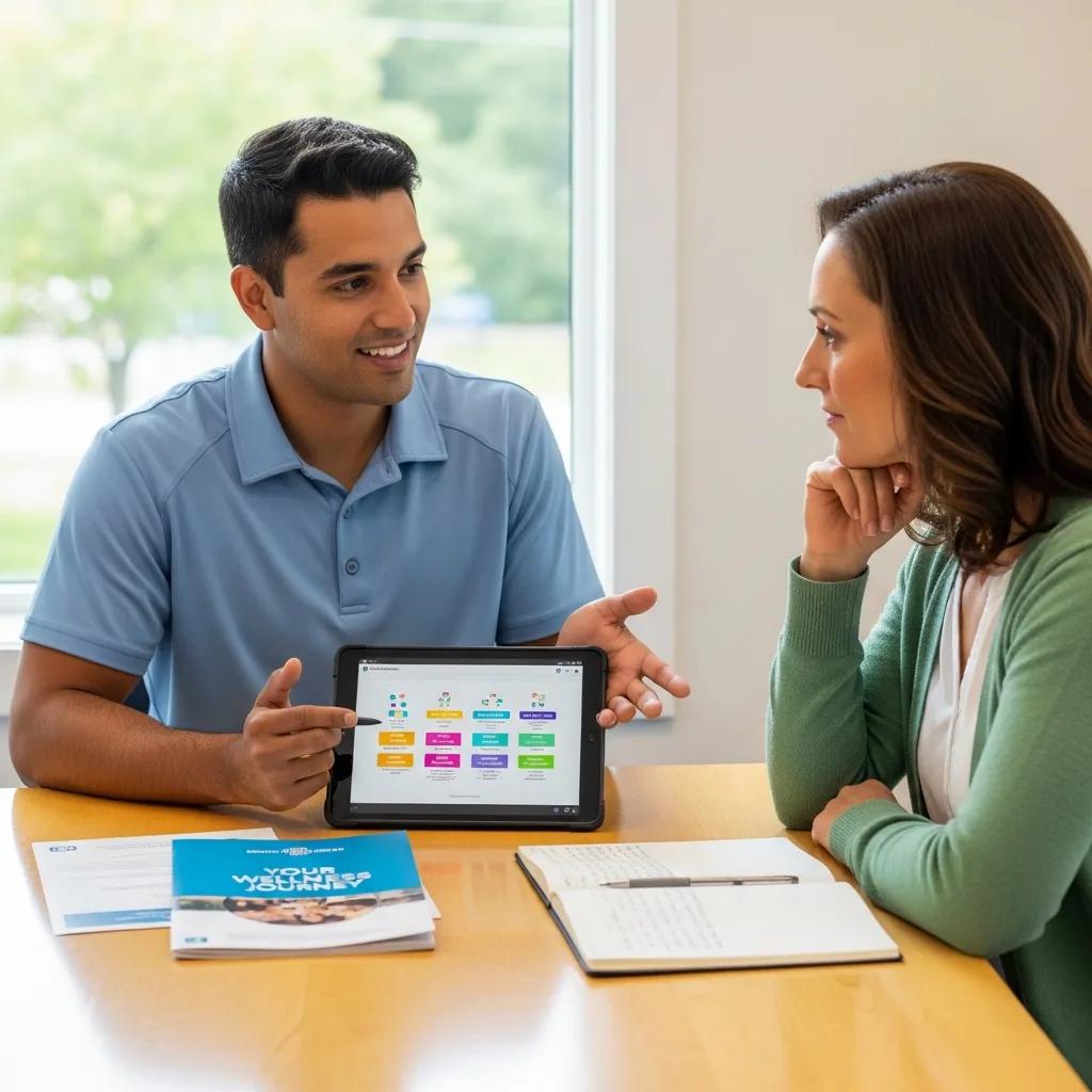Healthcare professional discussing a personalized wellness plan with a patient, highlighting tailored health management